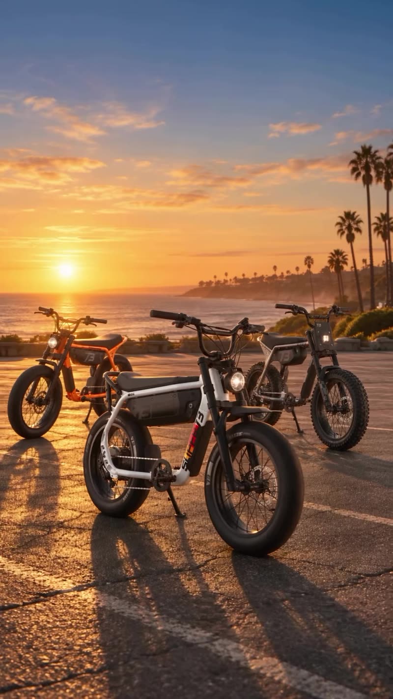 Super73 e-bikes parked at sunset